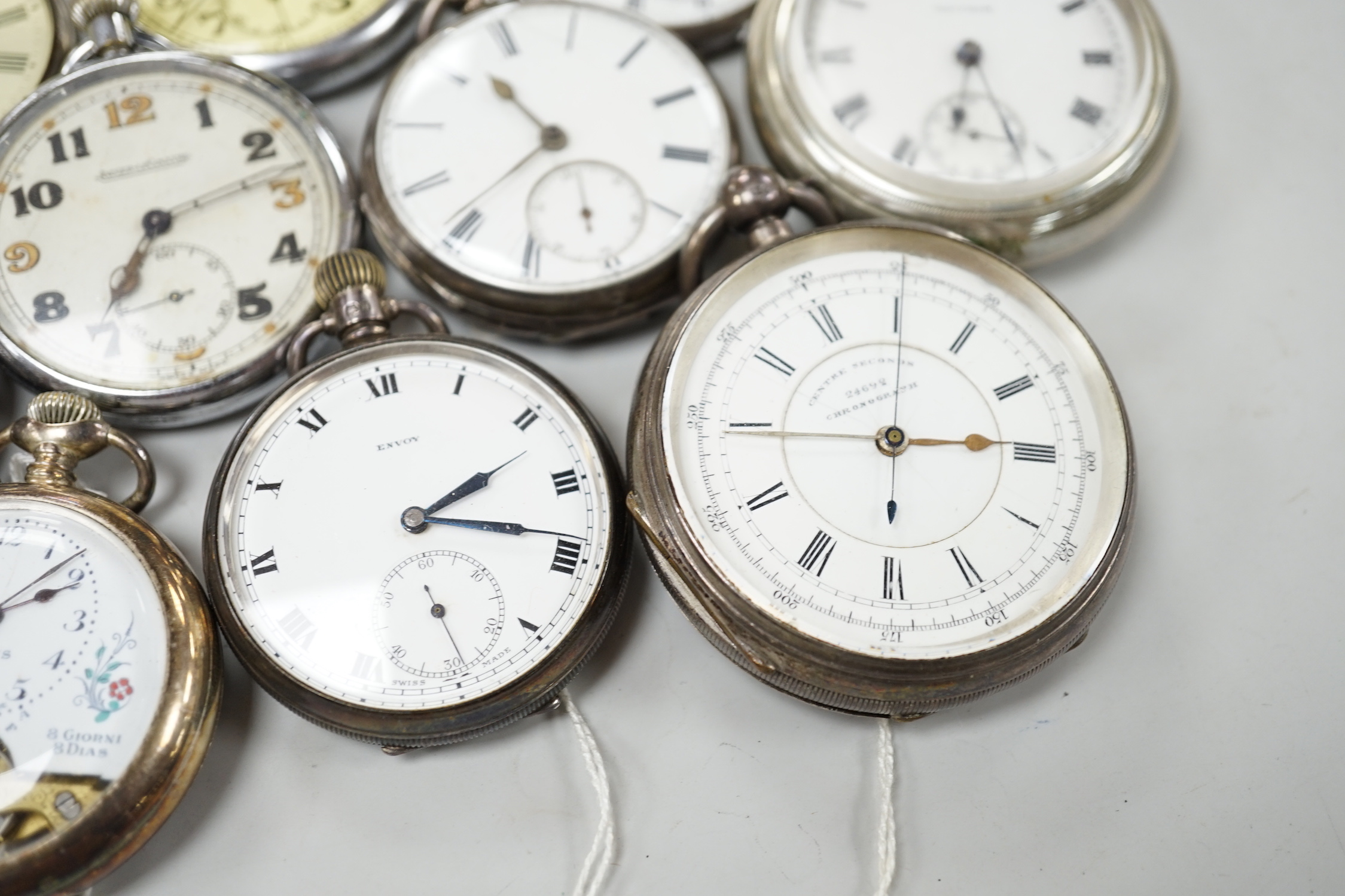 Fourteen assorted mainly base metal pocket watches including two Jaeger LeCoultre and a chronograph.